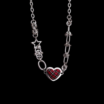 Tartan Heart Necklace — Y2K Gothic Plaid Charm Necklace