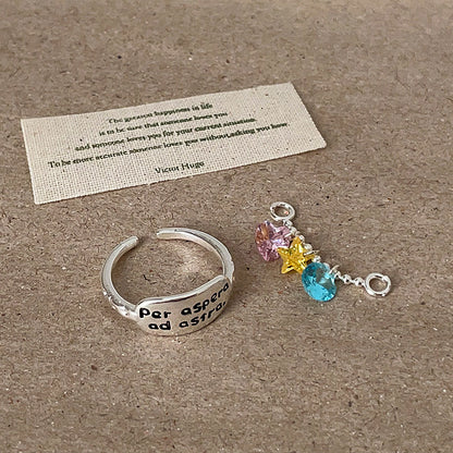 Star Charm Statement Ring | Celestial Quote Design Alloy Ring with Colorful Charms