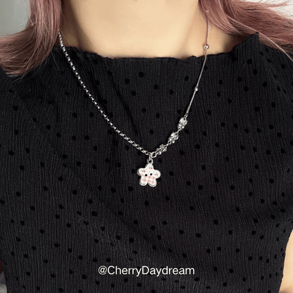 Pink Cherry Plaid Star Button Necklace
