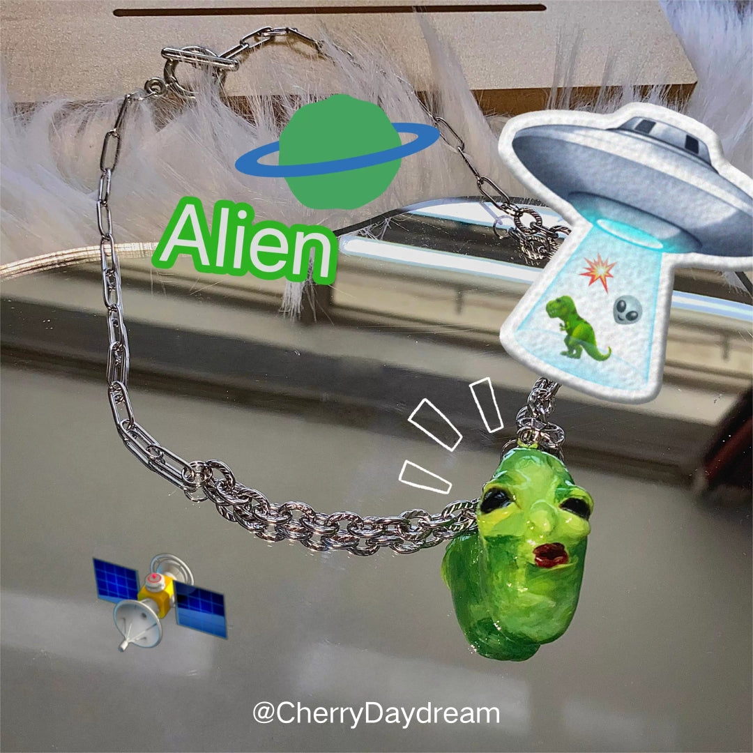 Handmade Green Alien Face Pendant Necklace