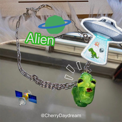 Handmade Green Alien Face Pendant Necklace