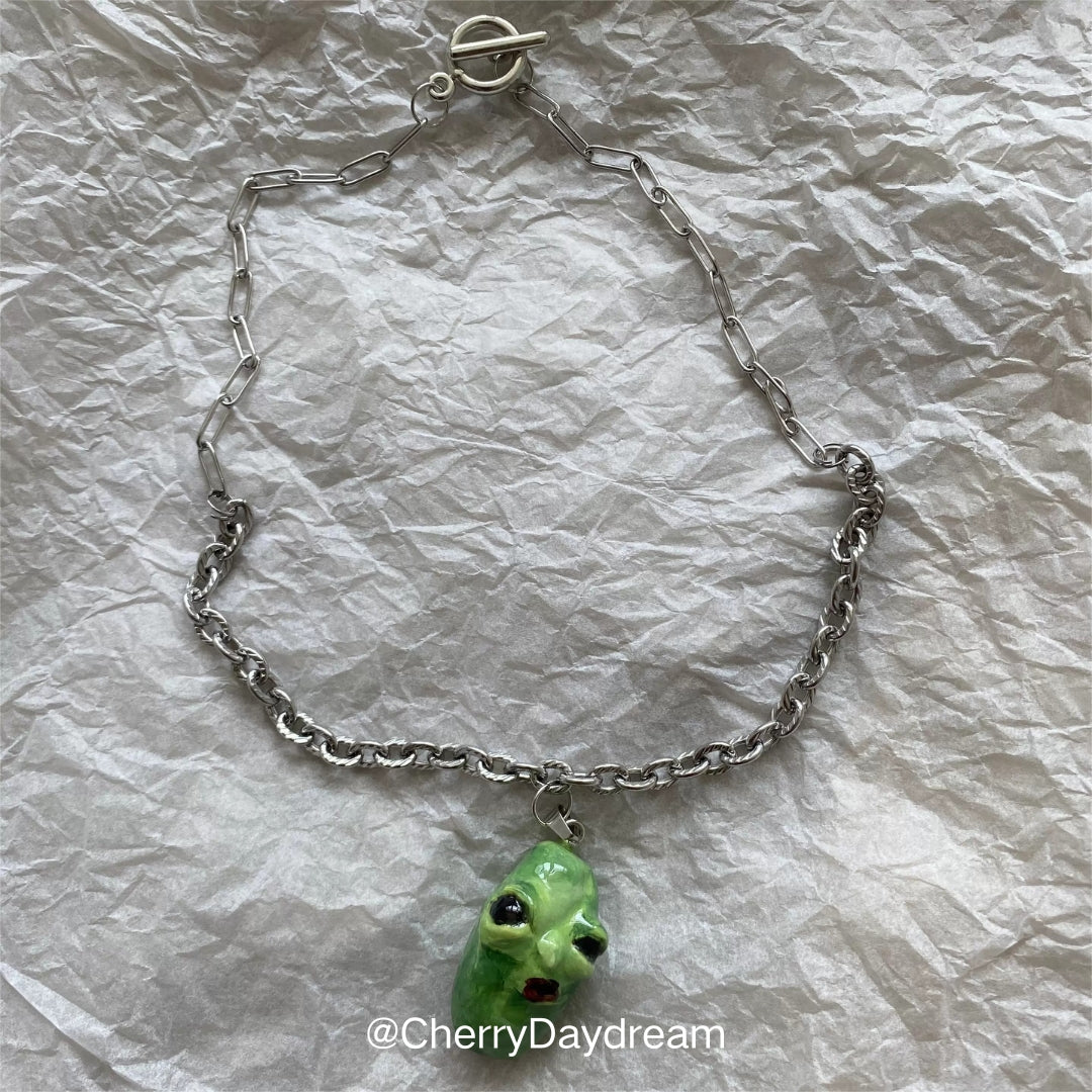 Handmade Green Alien Face Pendant Necklace