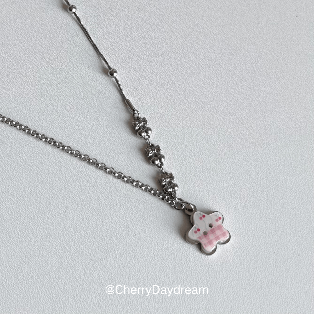 Pink Cherry Plaid Star Button Necklace