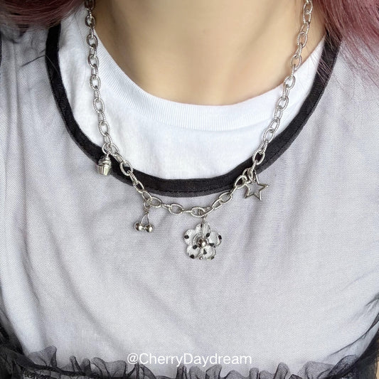 Handmade Silver Polka Dot Flower Cherry Charm Necklace