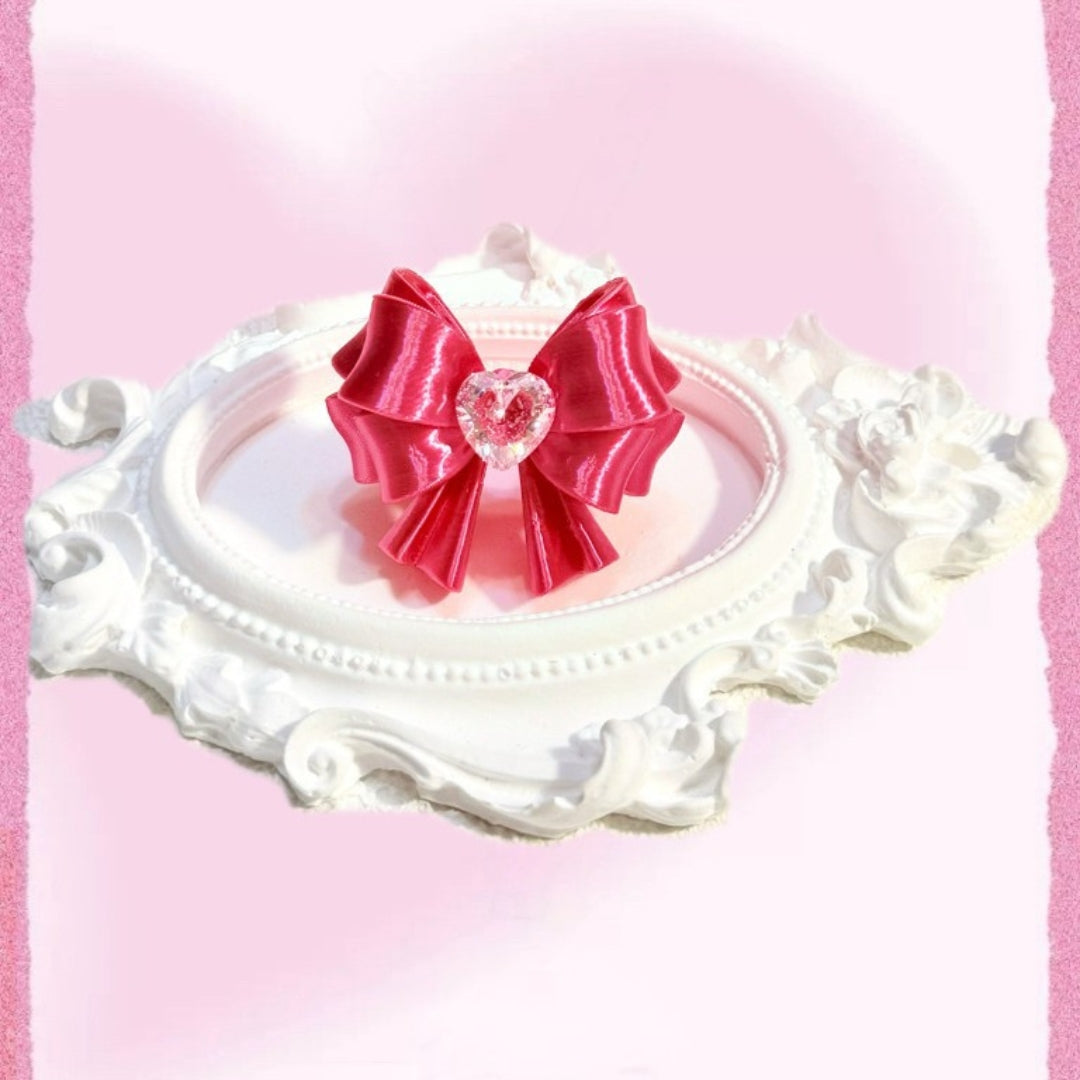 Bow Heart Crystal Ring — Y2K Coquette 3D Printed Statement Ring