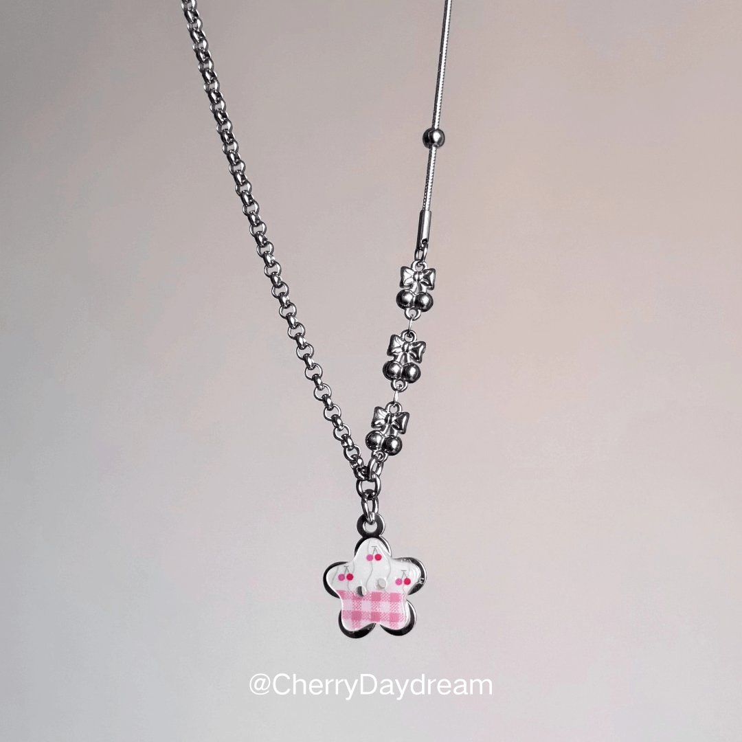 Pink Cherry Plaid Star Button Necklace