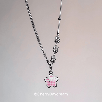 Pink Cherry Plaid Star Button Necklace