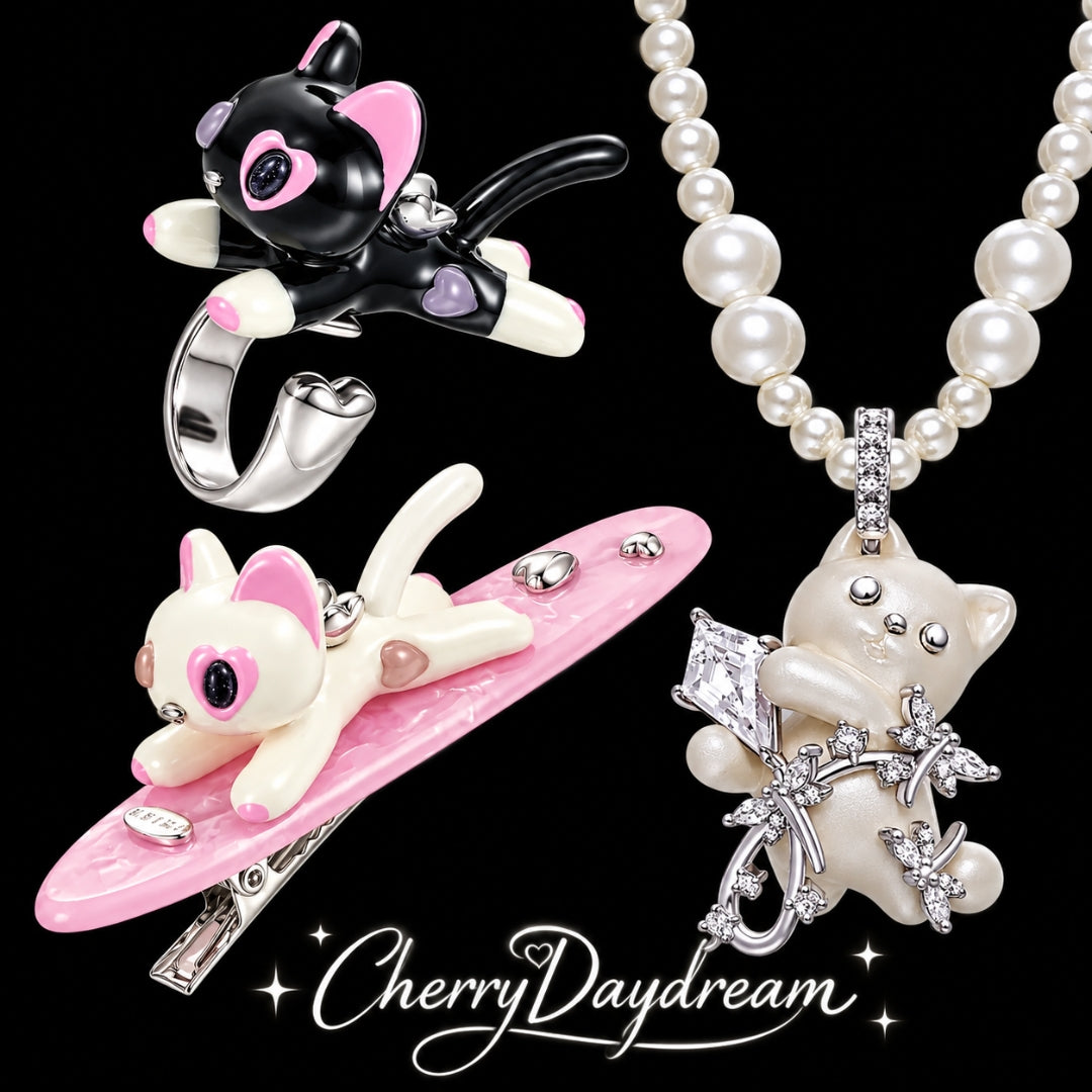 Pearl Cat Necklace, Cat Ring & Hair Clip Set