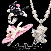 Pearl Cat Necklace, Cat Ring & Hair Clip Set