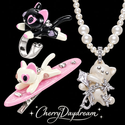 Pearl Cat Necklace, Cat Ring & Hair Clip Set