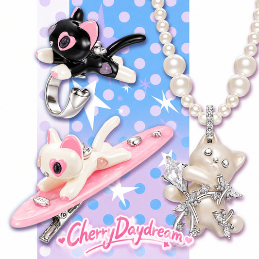 Pearl Cat Necklace, Cat Ring & Hair Clip Set