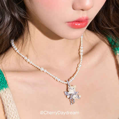 Pearl Cat Necklace, Cat Ring & Hair Clip Set