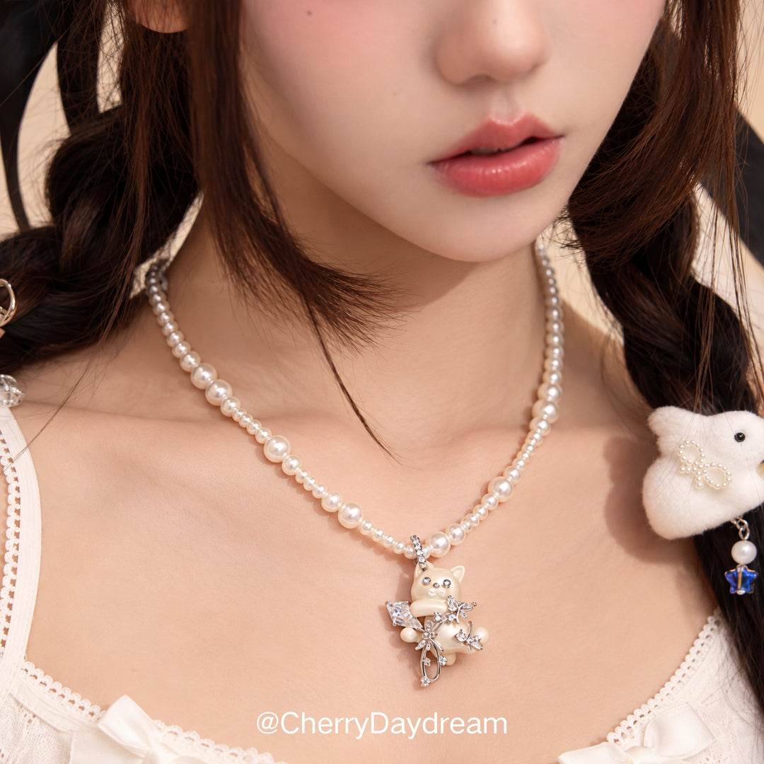 Pearl Cat Necklace, Cat Ring & Hair Clip Set