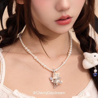 Pearl Cat Necklace, Cat Ring & Hair Clip Set