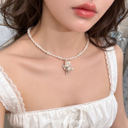 Pearl Cat Necklace, Cat Ring & Hair Clip Set