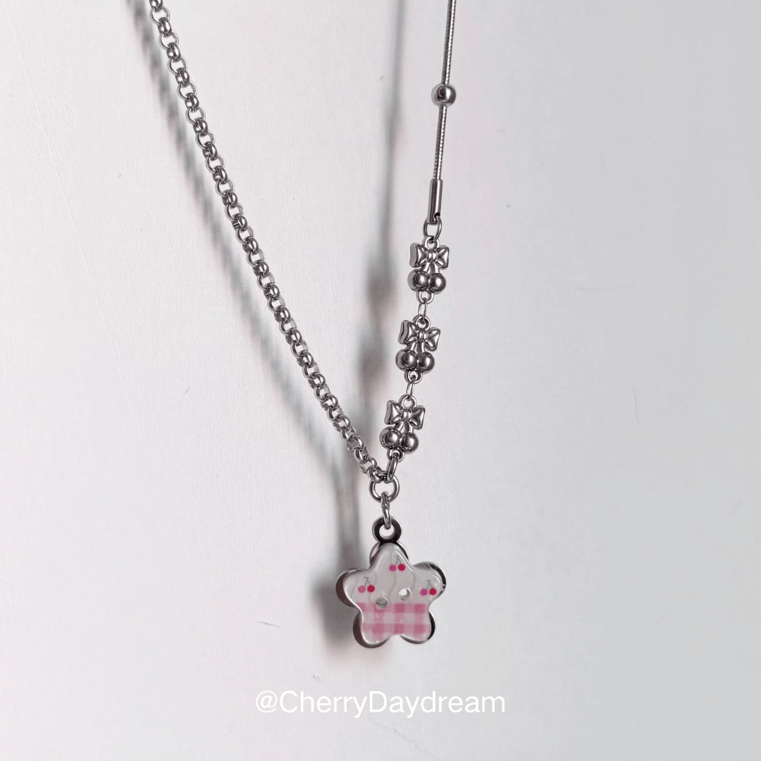 Pink Cherry Plaid Star Button Necklace