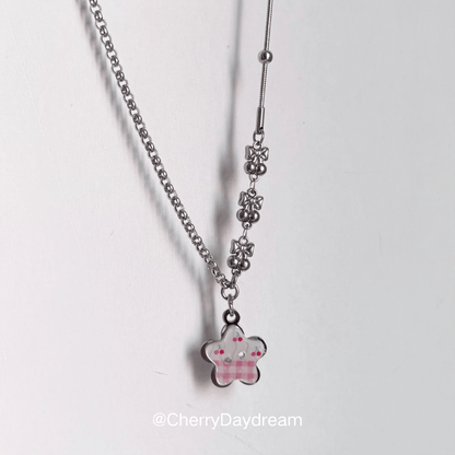 Pink Cherry Plaid Star Button Necklace