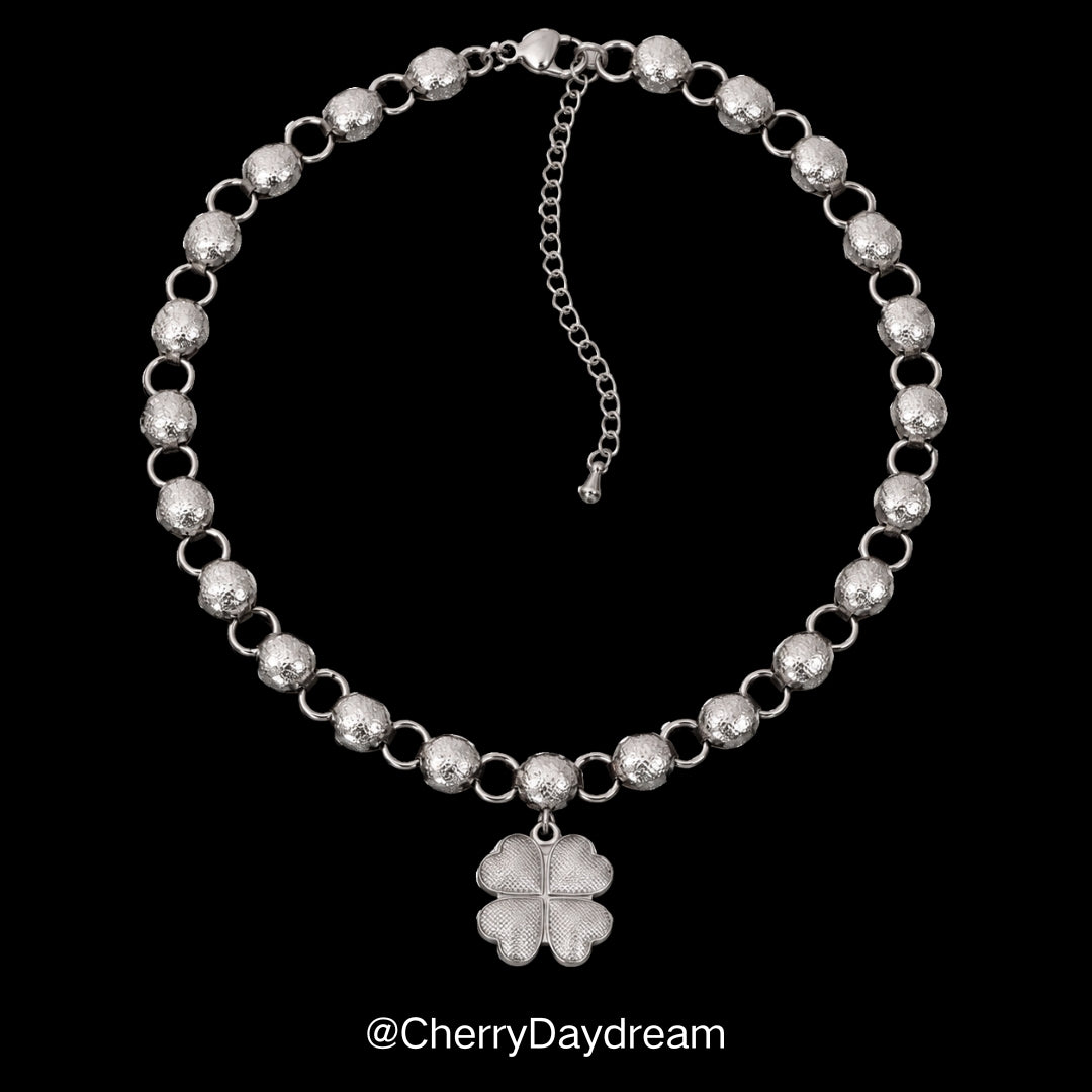 Silver Four Leaf Clover Beaded Choker Necklace