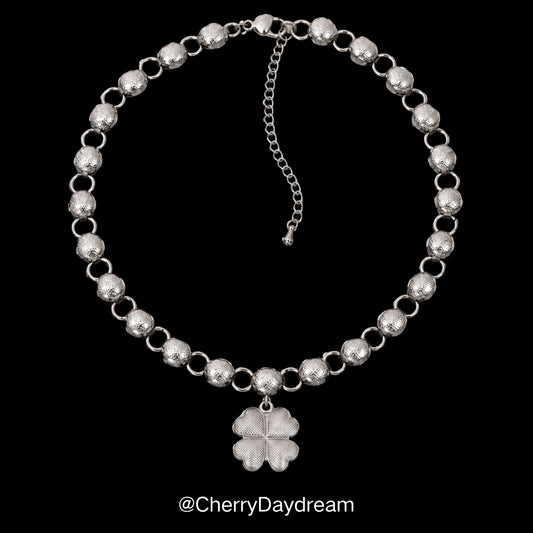 Silver Four Leaf Clover Beaded Choker Necklace