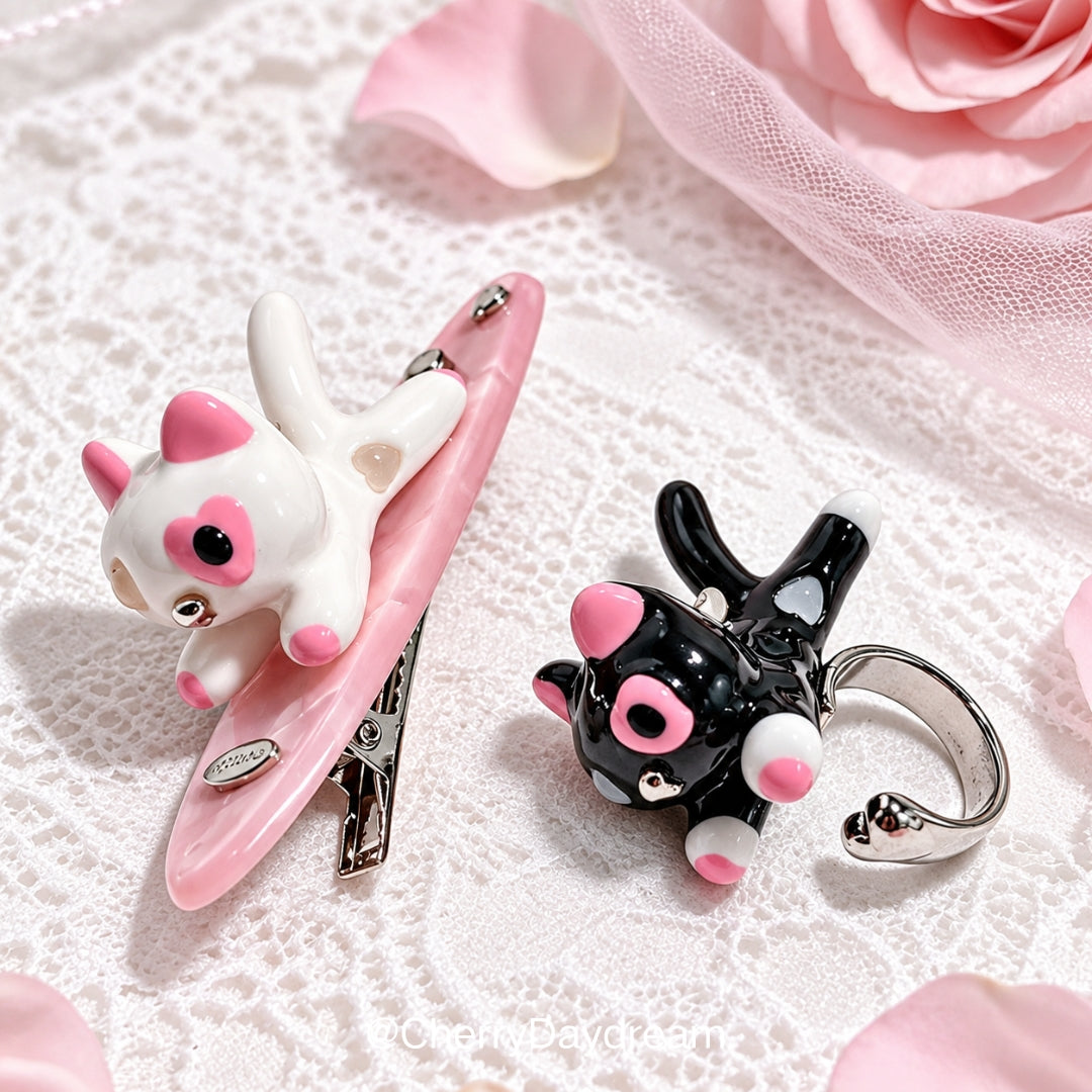 Pearl Cat Necklace, Cat Ring & Hair Clip Set