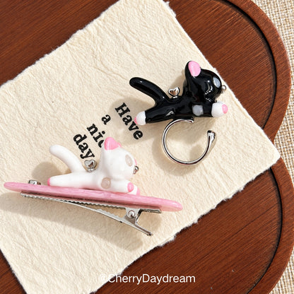 Pearl Cat Necklace, Cat Ring & Hair Clip Set