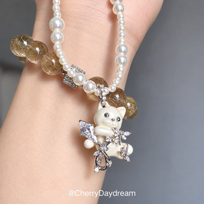Pearl Cat Necklace, Cat Ring & Hair Clip Set