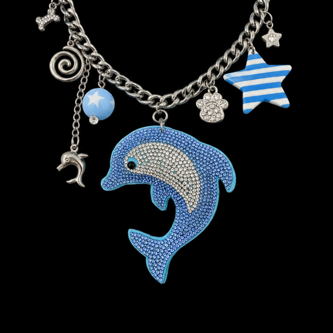 Dolphin Crystal Charm Silver Necklace