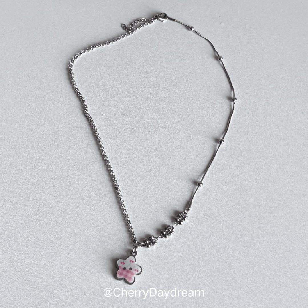 Pink Cherry Plaid Star Button Necklace