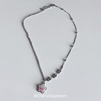 Pink Cherry Plaid Star Button Necklace