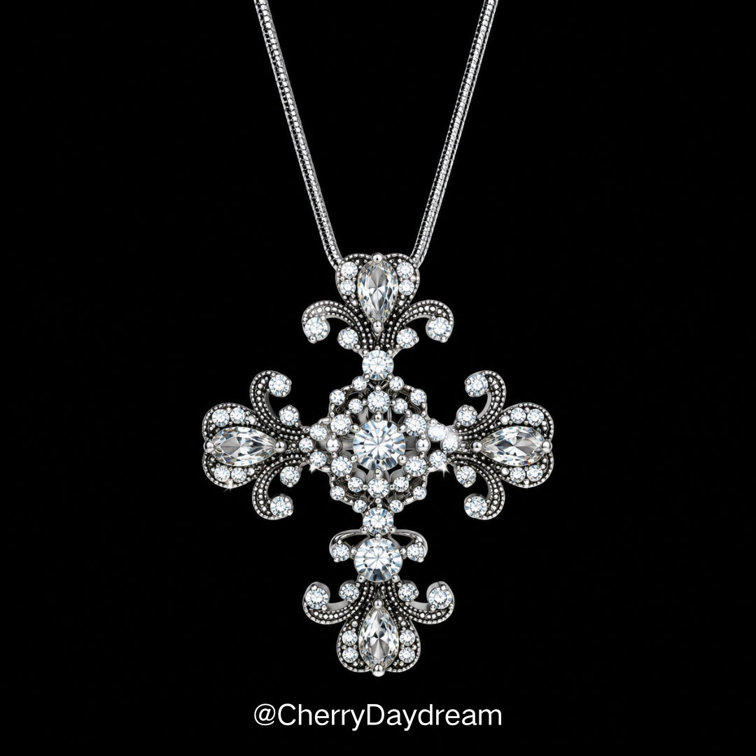 Crystal Cross Pendant Necklace — Vintage Silver Jewelry