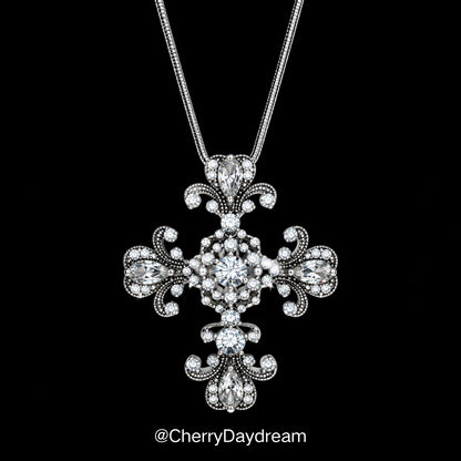 Crystal Cross Pendant Necklace — Vintage Silver Jewelry