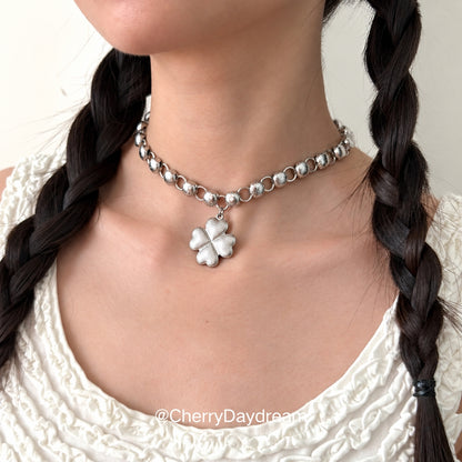 Silver Four Leaf Clover Beaded Choker Necklace