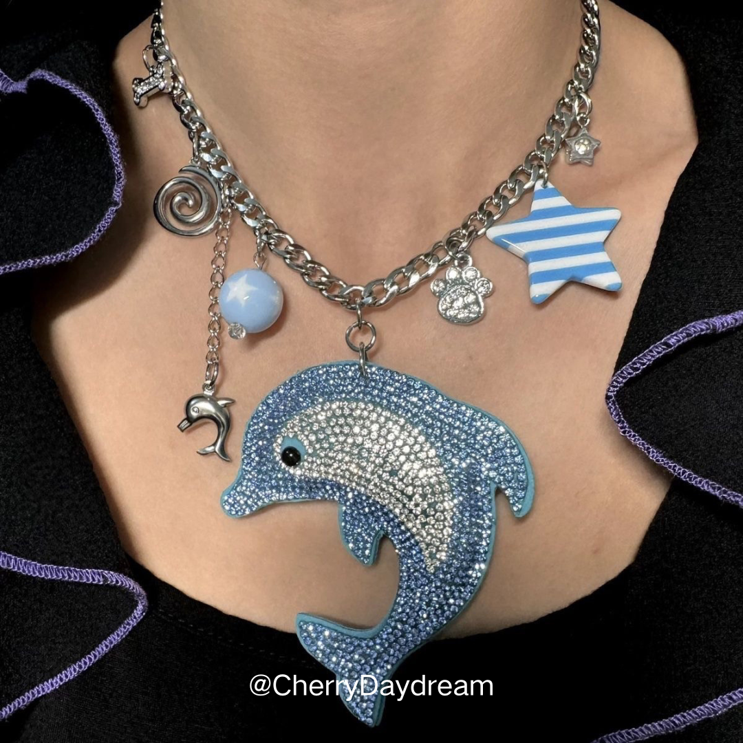 Dolphin Crystal Charm Silver Necklace