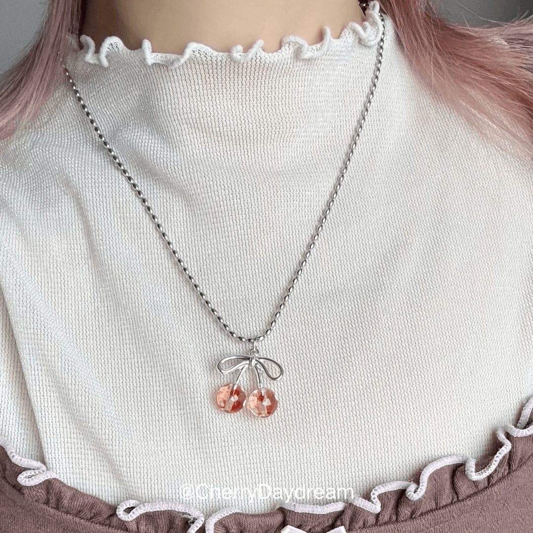 Vintage Polka Dot Cherry Bow Beaded Necklace