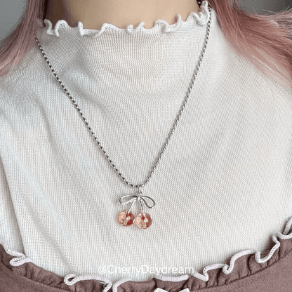 Vintage Polka Dot Cherry Bow Beaded Necklace