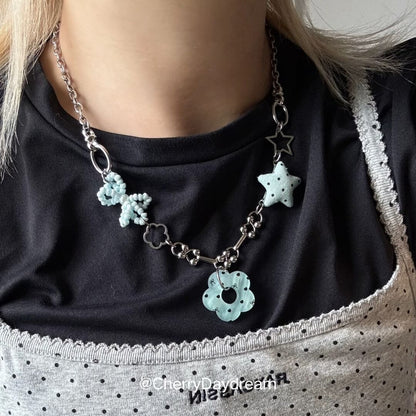 Blue Flower Star Charm Necklace