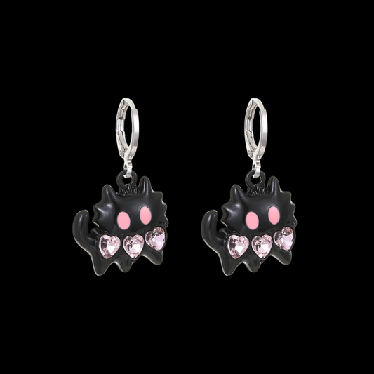 Midnight Kitty Earrings – Dark Y2K Heart Crystal Statement Earrings