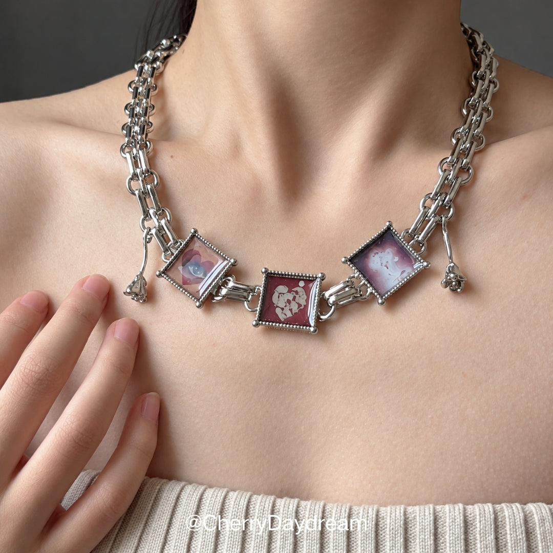 Oil Painting Square Necklace & Ring Set