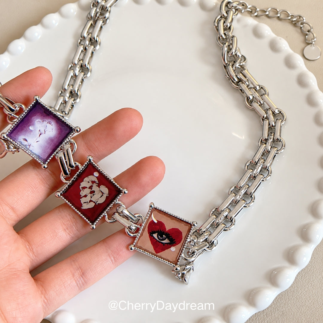 Oil Painting Square Necklace & Ring Set