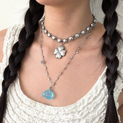 Silver Four Leaf Clover Beaded Choker Necklace