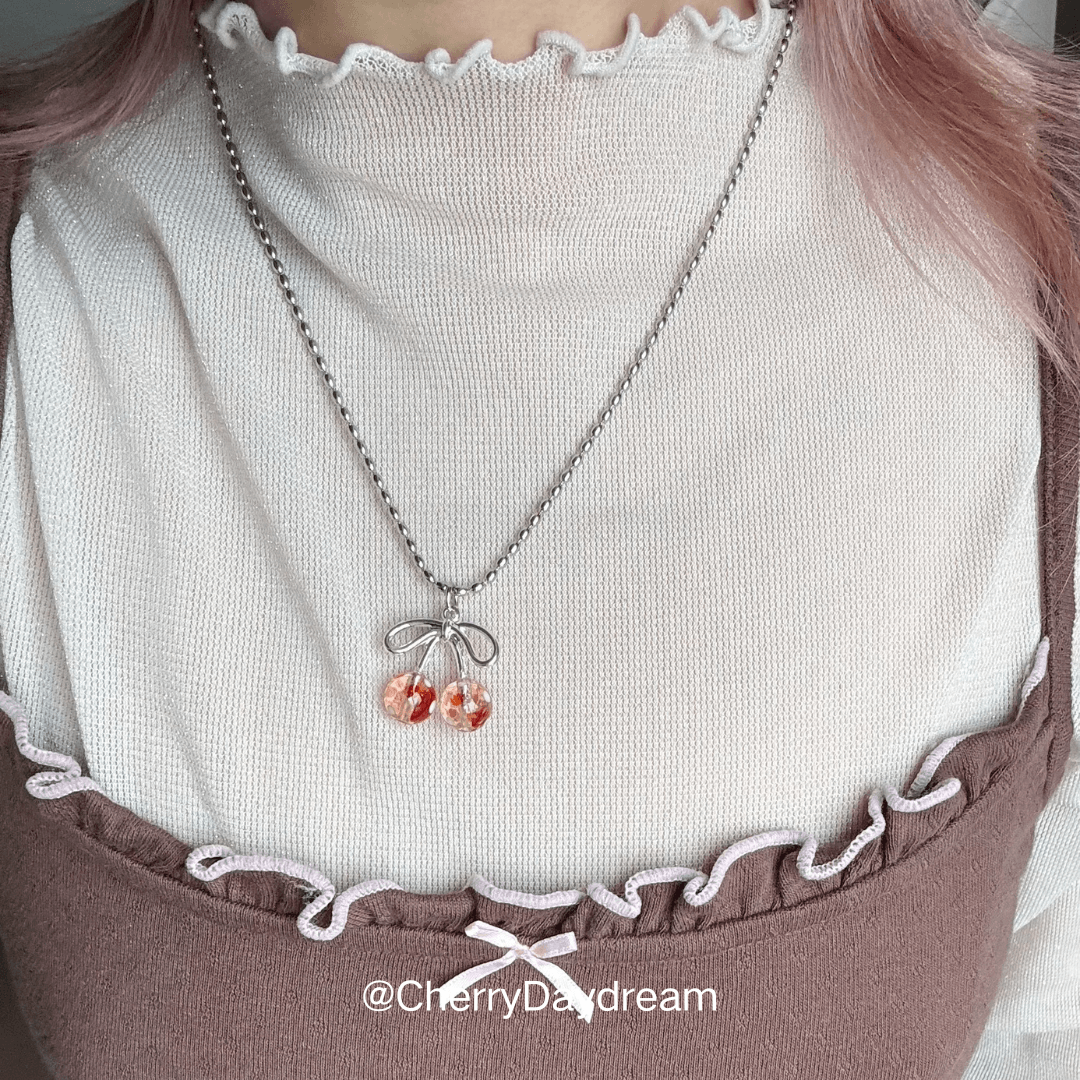 Vintage Polka Dot Cherry Bow Beaded Necklace