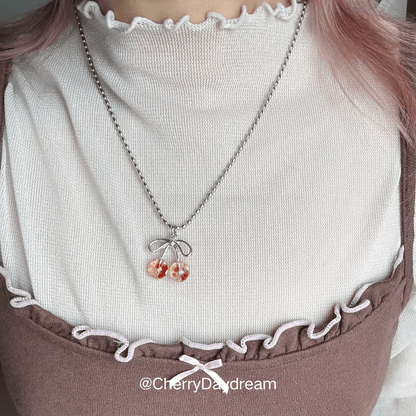 Vintage Polka Dot Cherry Bow Beaded Necklace
