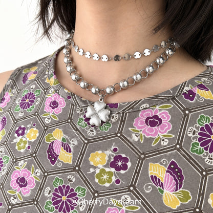 Silver Four Leaf Clover Beaded Choker Necklace