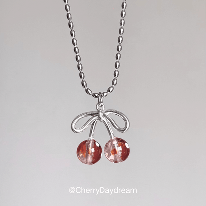 Vintage Polka Dot Cherry Bow Beaded Necklace