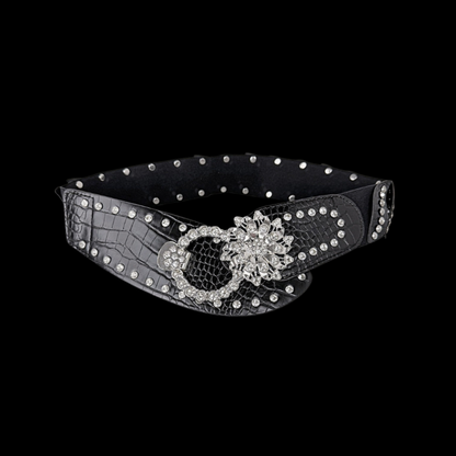Vintage Luxury Waist Belt | Black Studded Belt with Sparkling Floral Buckle