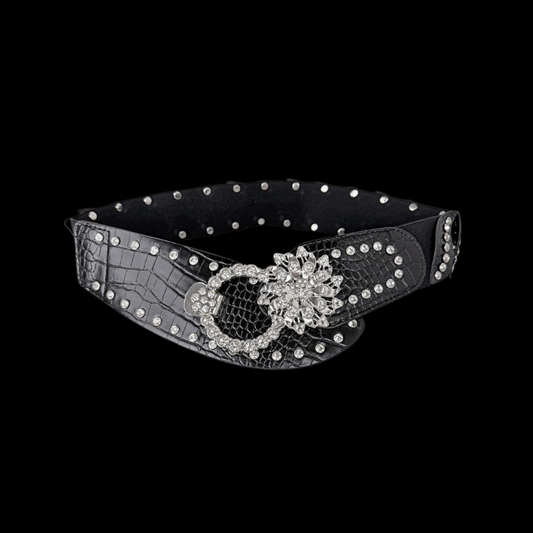 Vintage Luxury Waist Belt | Black Studded Belt with Sparkling Floral Buckle