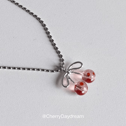 Vintage Polka Dot Cherry Bow Beaded Necklace