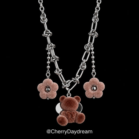 Plush Teddy & Flower Charm Necklace
