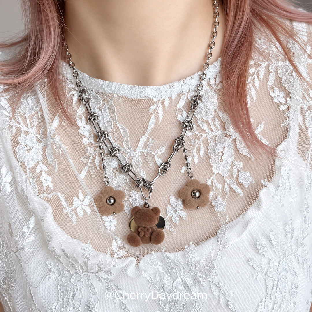 Plush Teddy & Flower Charm Necklace