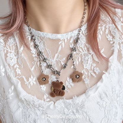 Plush Teddy & Flower Charm Necklace